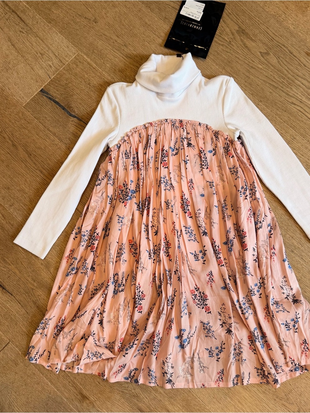 Caroline Bosmans girls White Turtleneck with Pink Floral Pleated Dress